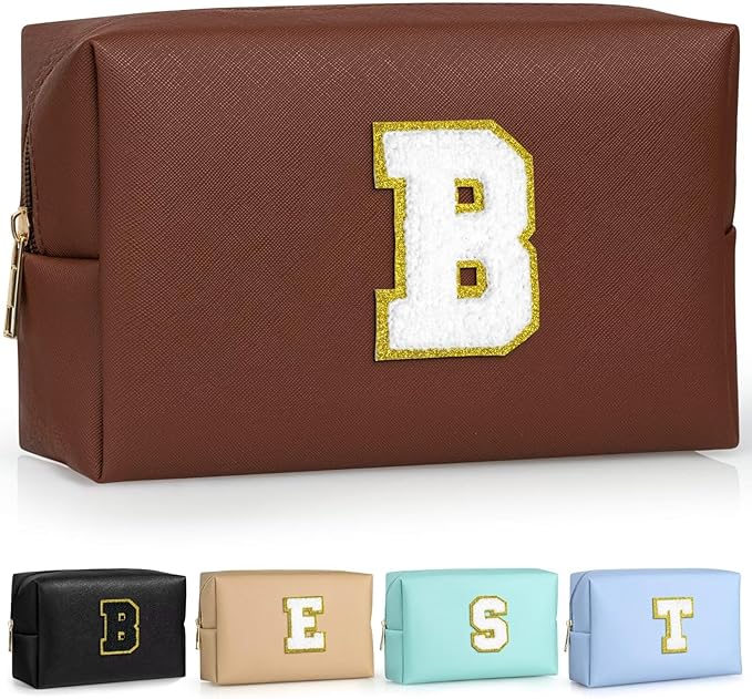 TOPEAST Preppy Patch Makeup Bag, Chenille Letter Pouch Cosmetic Bag, PU Leather Waterproof Toiletry Bag, Personalized Birthday Gift for Women Girl, Cute Stuff for Girls (Brown B)