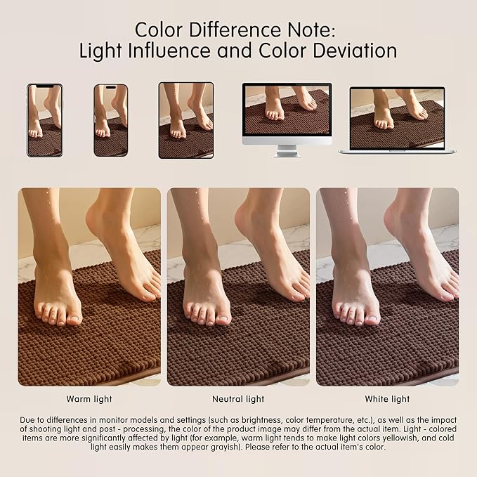 SUBRTEX Bathroom Rugs, 20" x 32" Chenille Bath Rug Soft Short Plush Bath Mat Soft Shower Mat Water Absorbent Shower Mat Quick Dry Machine Washable, Brown