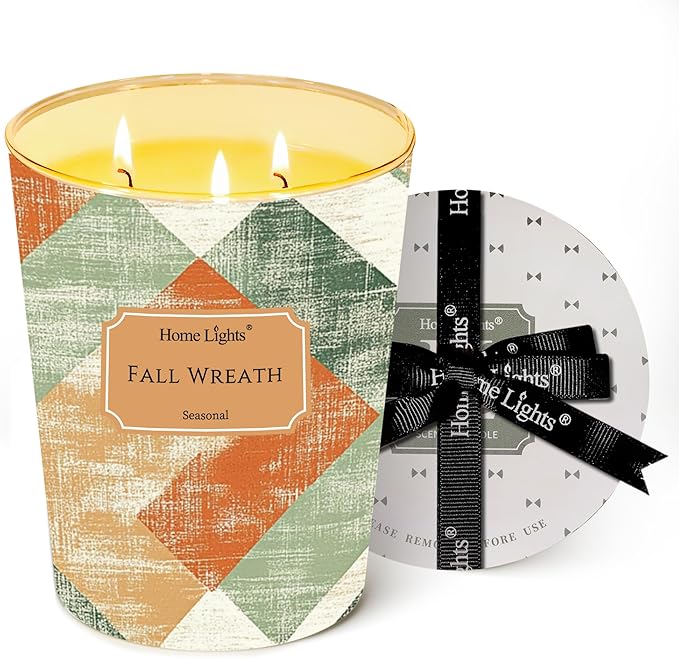 HomeLights Large jar Candle | 3-Wick Long-Lasting Scented Candles, 34oz Natural Soy Wax Candle for Home Scented, Rustic Modern Gifts for Women & Men, Fall Wreath