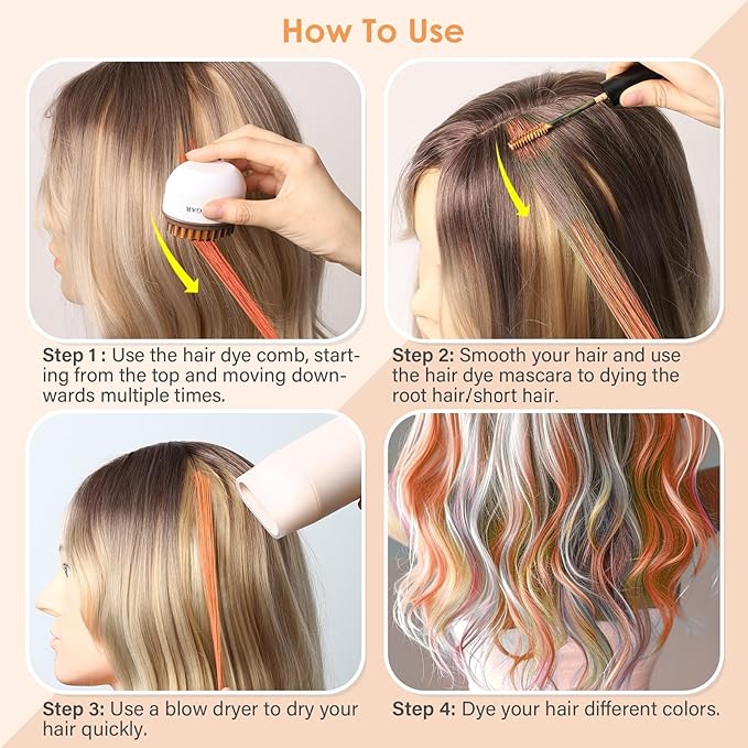 Orange Temporary Hair Chalk Color Comb + Washable Hair Mascara Dye for Girls Kids, Makeup Vibrant Dye Hair Colors for Halloween, Cosplay, Sporting Events, DIY Hair Parties Christmas
