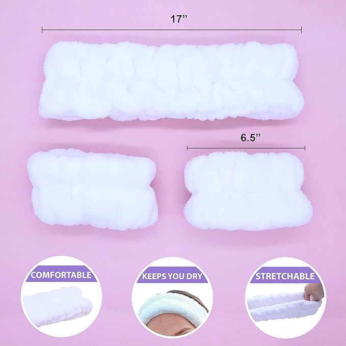 FROG SAC Puffy Spa Headband and Wristbands for Face Washing, Fuzzy Skincare Headbands for Women, Soft Makeup Skin Care Hair Accessories for Girls, Bubble Make Up Sleepover Party Supplies (White)