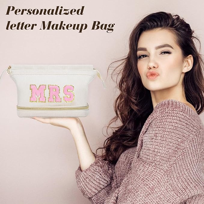 Makeup Bag for Girls Gift, Personalized Christmas Gifts Initial Women Makeup Bag for Travel, Double Layer Cosmetic Bag with Brush Organizer Preppy Make up Bag for Teen Girl Trendy - MRS