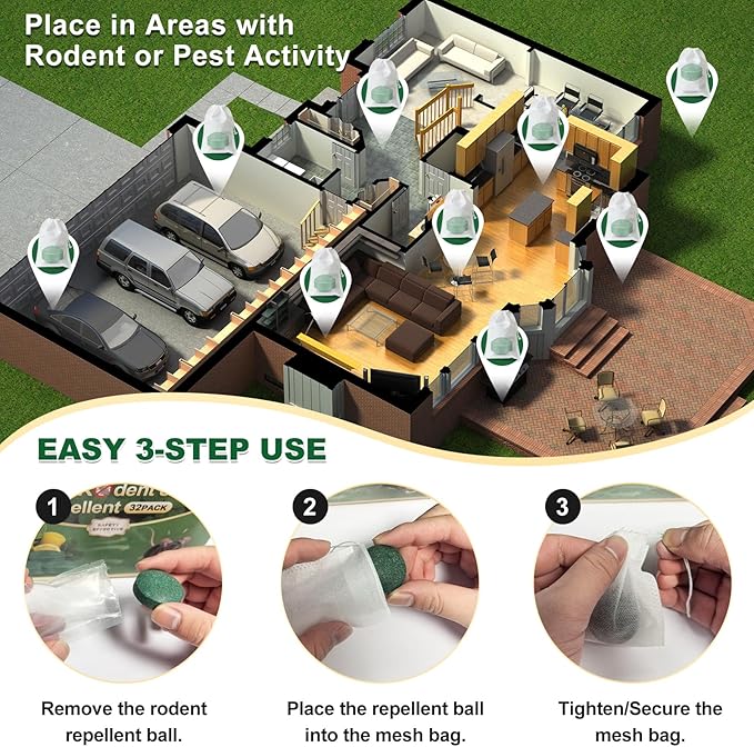 32PCS Mouse Rodent Repellent, Natural Mouse Repellent Peppermint Oil for Mice, Rats, Squirrels, Spiders and Pests, Keeps Pests Away Effectively from Garden & Home (Peppermint)