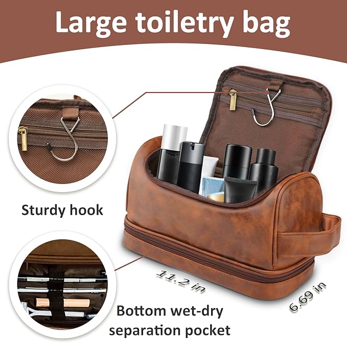 Toiletry Bag for Men, Large Leather Shaving Kit, Travel Essentials, Gifts for Father, Dad, Boyfriend, Grandpa, Water-resistant Shaving Bag for Toiletries Accessories