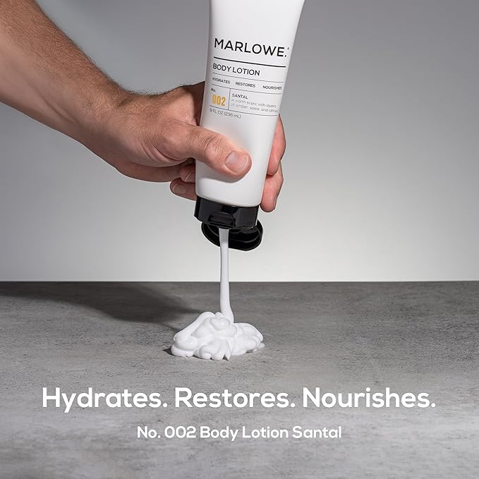 MARLOWE. No. 002 Santal Body Lotion 8 Oz, Moisturizing & Nourishing Daily Dry Skin Lotion for Men, Made with Hydrating Natural Aloe Vera, Non-Oily, Warm Amber, Sandalwood & Citron Scent, Vegan