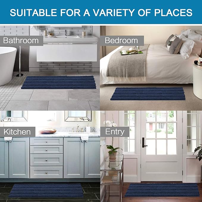 H.VERSAILTEX 2 Piece Bathroom Set - Super Absorbent Chenille Striped Bath Mats, Non Skid, Machine Washable - Navy, 47 x 17 Plus 17 x 24 Inches