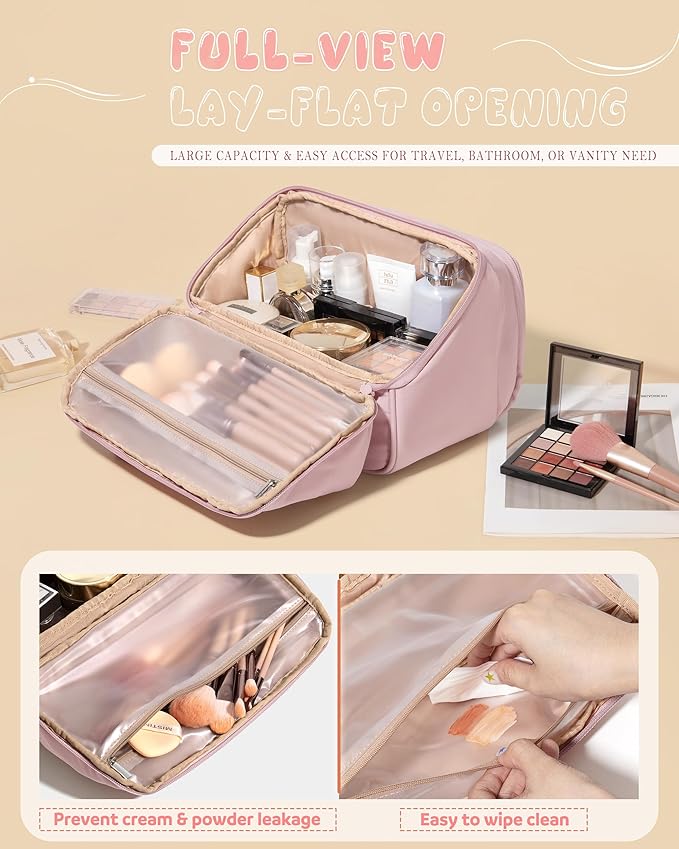 Travel Makeup Bag for Women, Toiletry Organizer with Waterproof Pockets, Puffy Cosmetics Pouch for Makeup Brushes, Skincare & Travel Essentials, Pink (Bag only)