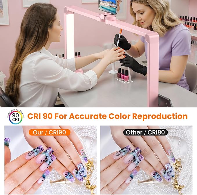 Nail Light for Desk,34 Inch 48W Half Moon Light-Adjustable 3000K-6000K Color Temp, 0-100% Brightness,Nails lamp with Phone Stand,for Nails Art,Tattoo,Eyebrow,Beauty,Reading,Salon