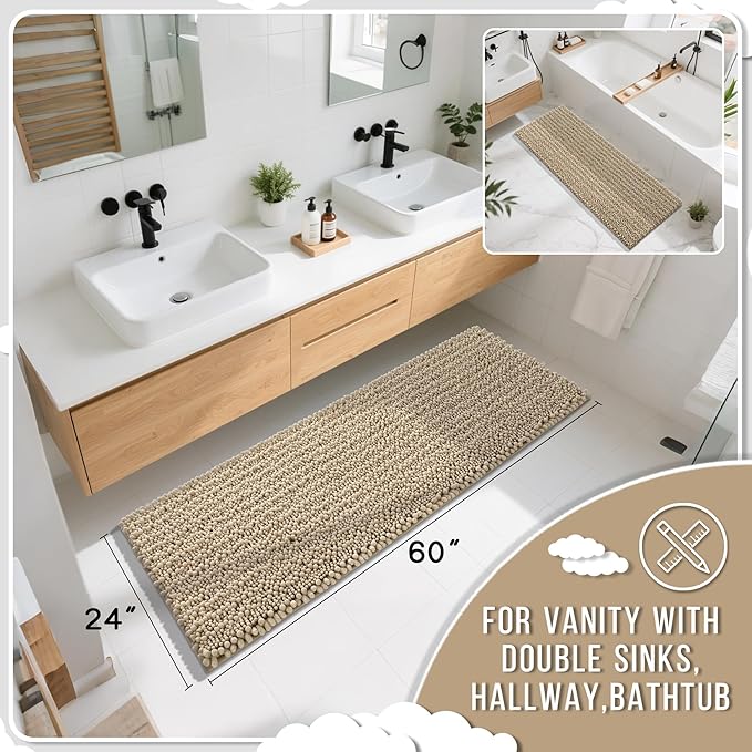 Yimobra Bathroom Runner Rug 60x24 Inch - Extra Long Non Slip Chenille Bath Mat, Soft & Absorbent, Machine Washable Shaggy Hallway Carpet for Vanity Tub Shower, Camel Home Decor Accessories