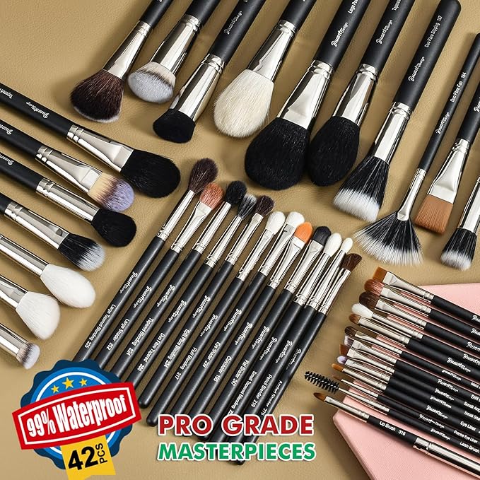 Makeup Artist MUST HAVES 42Pcs Makeup Brushes Set with Real Natural Goat Hair By BUEART DESIGN (42Pcs Matte Pearl Black)