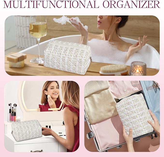 Quilted Makeup Pouch,Cotton Puffy Makeup Bag, Coquette Cosmetic Bag for Women and Girls, Aesthetic Organizer Bag, Cute Flower Travel Toiletry Bag