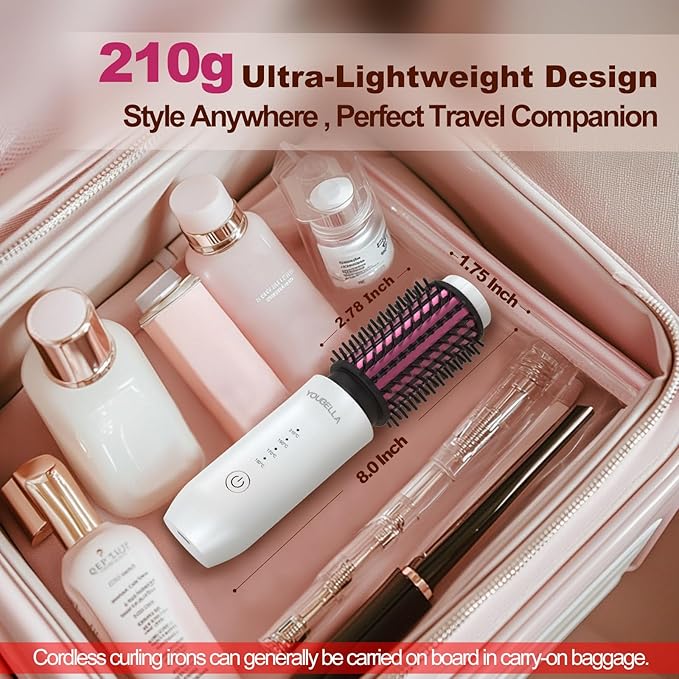 Youbella Cordless Hair Curling Iron Brush, Mini Travel Hot Straightener Comb, 3-in-1 Portable Wave Curling Wand, 1.5″ Ionic Heated Brush, USB Rechargeable Hair Curler, White – No Automatic Rotation