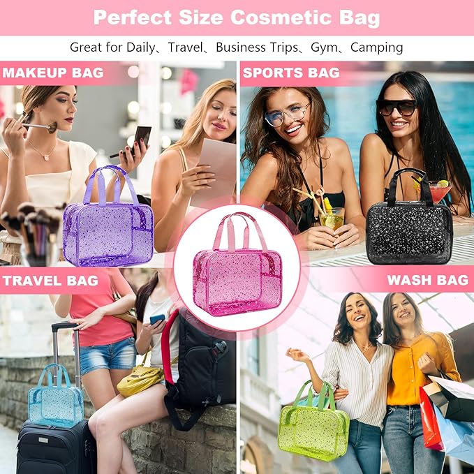 Clear Green Star Large Makeup Bag with Star Pattern 12x5x8 inch, Travel Cosmetic Bag with Handle, Durable PVC Material Washbag Zipper Opening Design for Makeup Travel Organizer or Gym Use