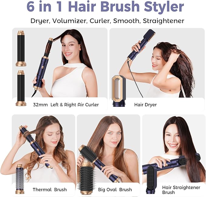 6 in 1 Air Styler Magic Hair Dryer Brush, Negative Ionic Blow Dryer Brush & 3 Heat Settings, Detachable Auto Curling & Straightening Volumizing, Frizz-Free Styling, Salon to Home Use (Blue)