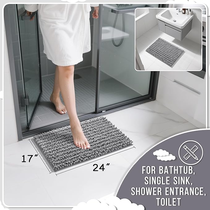 Yimobra Bathroom Rugs Non Slip Washable - Ultra Soft Absorbent Chenille Bath Mat, Quick Dry Shaggy Floor Carpet for Tub Shower, Gray Home Decor Accessories, 24x17 Inch