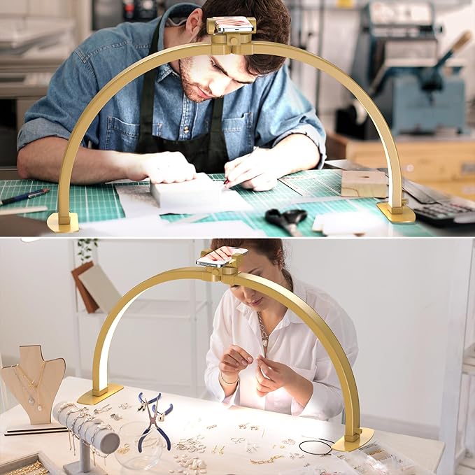 Premium Large Half Moon LED Light for Nail Tech, Foldable Arch Light for Nail Desk Lamp with Phone Stand Perfect for Manicure Handicraft Lighting (Golden, Large)
