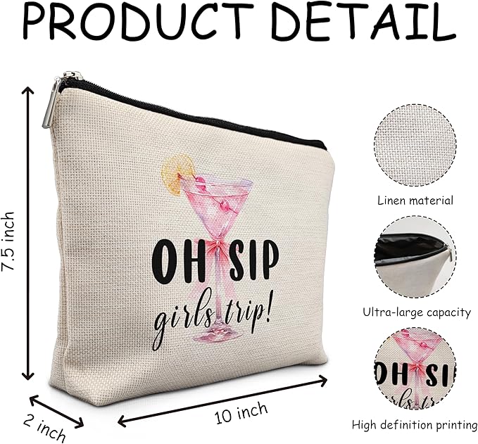 Pink Bow Martini Makeup Bag, Gifts for Martini Cocktail Lovers Cosmetic Bags, Best Friend Bestie BFF Gifts for Women, Preppy Cocktail Makeup Zipper Pouch