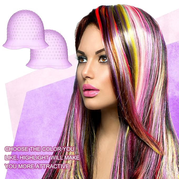 Jexine 2 Pcs Hair Coloring Highlighting Cap Reusable Silicone Highlight Cap with Holes and Hook for Hair Coloring, Frosting, Hairdressing & Highlighting, Salon Tools Kit (Purple)