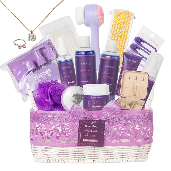 22 Pcs Bath and Body Gift Set - Spa Gift Baskets for Women Jasmine & Honey Scent, Spa Kit Lavender and Jasmine Scented, Birthday Gift Basket, Bath Gift Basket For Women, Luxury Bath Gift Set Home Spa