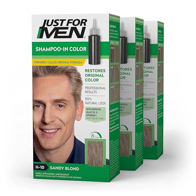 Just For Men Shampoo-In Color (Formerly Original Formula), Mens Hair Color with Keratin and Vitamin E for Stronger Hair - Sandy Blond, H-10, Pack of 3
