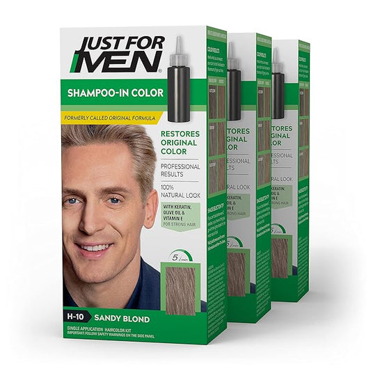 Just For Men Shampoo-In Color (Formerly Original Formula), Mens Hair Color with Keratin and Vitamin E for Stronger Hair - Sandy Blond, H-10, Pack of 3