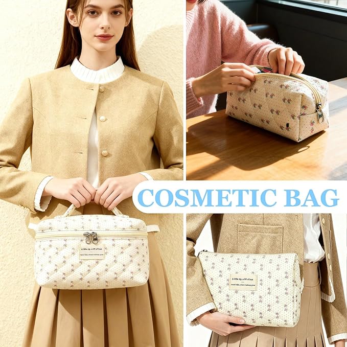 Quilted Makeup Bag, Large Floral Cosmetic Bag for Women, Cute Cotton Makeup Bag, Flower Travel Toiletry Organizer Bag (Flower)