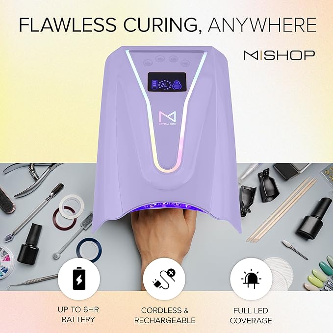 M - Crystal Cure 128W UV Nail Lamp - Fast Curing Nail Light with 45 Powerful 365nm+405nm LEDs - Cordless, Rechargeable, Auto Sensor - UV Light for Gel Nails for Manicures & Pedicures (Violet)