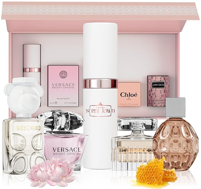 Women's Perfume Gift Sets Bundle Mini Bottle – Designer Womens Perfume Sampler Sets with Refillable Atomizer – Bundle Includes Versace, Moschino, Chloe, Jimmy Choo Travel Size 0.15 Oz Each