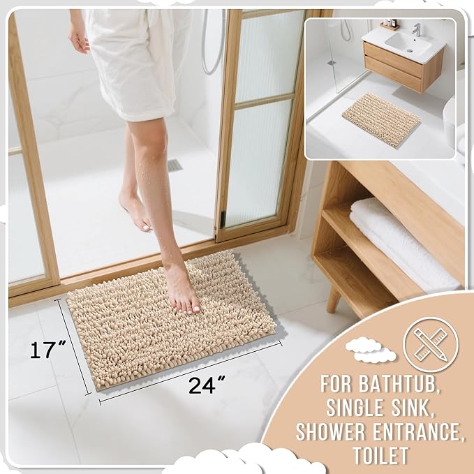Yimobra Bathroom Rugs Non Slip Washable - Ultra Soft Absorbent Chenille Bath Mat, Quick Dry Shaggy Floor Carpet for Tub Shower, Light Brown Home Decor Accessories, 24x17 Inch