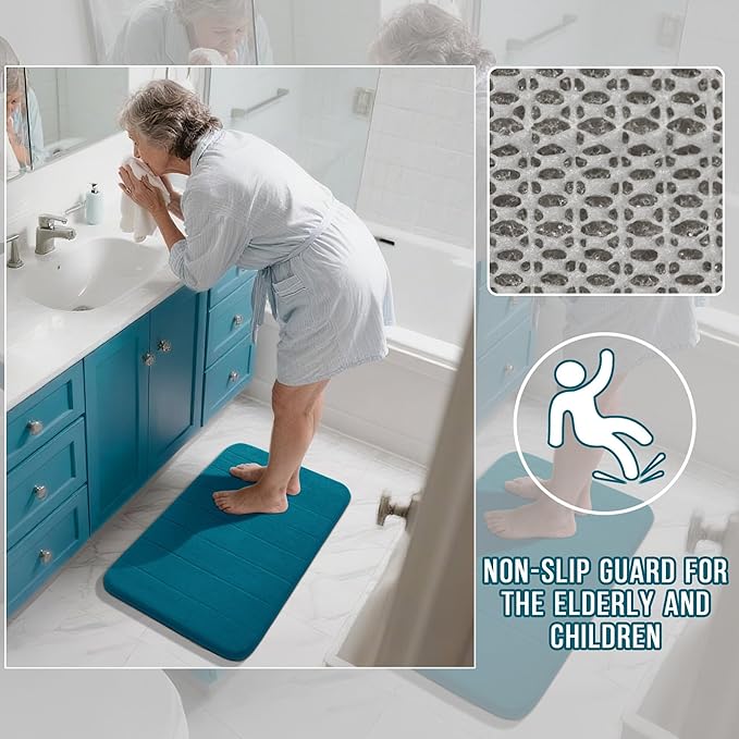 Yimobra Large Bath Mat 36"x24", Super Soft Quick Dry Memory Foam Bathroom Rug, Water Absorbent, Non Slip Backing Machine Washable for Tub Shower, Thick Comfort Support, Peacock Blue