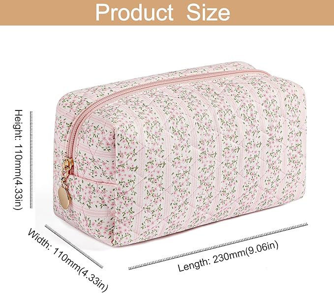 Makeup Bag Travel Cosmetic Bag for Women Girls, Zipper Make Up Pouch, Floral Flowers Toiletry Organizer Makeup, Portable Storage Bag, Cosmetic Travel Cloth Bag (Pink+Pink Bowknot)