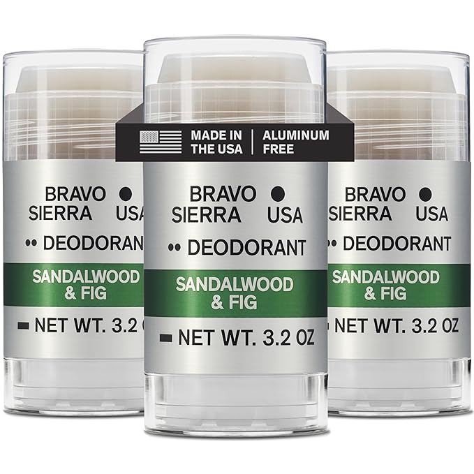 Aluminum-Free Deodorant for Men by Bravo Sierra, 3-Pack - Contains Natural Ingredients – Long Lasting All-Day Odor and Sweat Protection - Sandalwood & Fig, 3.2 oz - Paraben-Free, Vegan & Cruelty-Free
