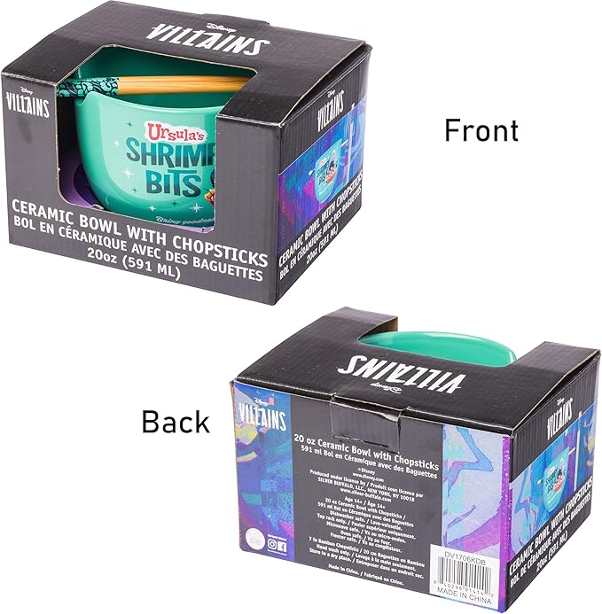 Silver Buffalo Disney Villains Little Mermaid Ursula's Shrimpy Bits Ceramic Ramen Noodle Rice Bowl with Chopsticks, Microwave Safe, 20 Ounces, Little Mermaid Ursula's Shrimpy Bits