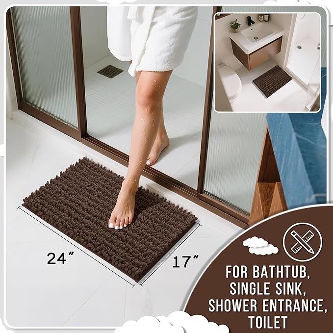 Yimobra Bathroom Rugs Non Slip Washable - Ultra Soft Absorbent Chenille Bath Mat, Quick Dry Shaggy Floor Carpet for Tub Shower, Brown Home Decor Accessories, 24x17 Inch