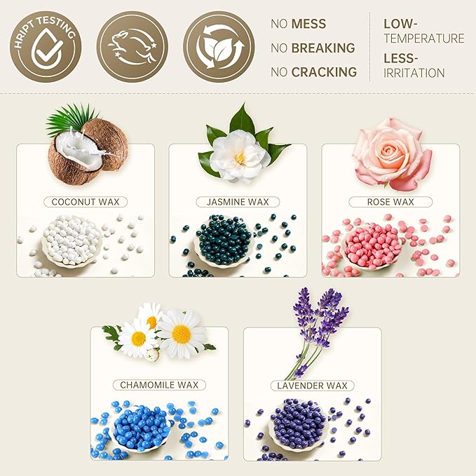 Lifestance Wax Beads Set, 5 Kinds of Waxing Beads, Hard Wax Beans with 57 Items Silicone Spatulas, Perfect for Any Waxing Warmers, Wax Beads for Hair Removal for Bikini Underarm Face Body