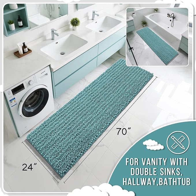 Yimobra Bathroom Runner Rug 70x24 Inch - Extra Long Non Slip Chenille Bath Mat, Soft & Absorbent, Machine Washable Shaggy Hallway Carpet for Vanity Tub Shower, Teal Blue Home Decor Accessories