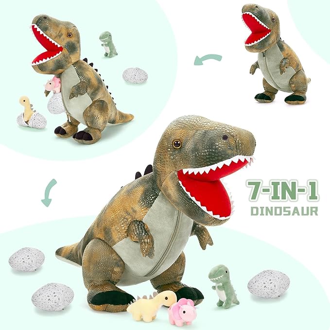 MorisMos Dinosaur Stuffed Animals Set,23.6'' Big Stuffed Dinosaur Mommy + 3 Baby Dino Toys+3 Plush Dino Eggs, Boy Girl T-Rex Toys for Kid Birthday Gift,Realistic T-rex, CPC Certified,Machine Washable