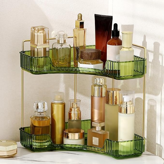 YCIA&DONE Corner Bathroom Counter Organizer, Makeup Organizer for Vanity, Skincare Cosmetic Perfume Tray, Corner Countertop Shelf Rack Storage for Bathroom Kitchen 2 Tiers (Vintage Green)