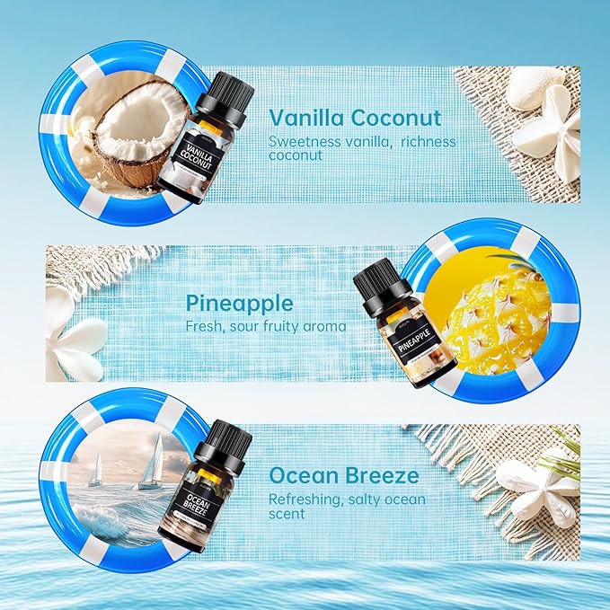 Summer Essential Oils Set | Top 6 Tropical Blends for Diffusers, Candle Scents, Aromatherapy Fragrance Oil - Coconut, Pineapple, Beach, Breeze, Lemon, Summer Night | Gift Set for Women, Home, Spa