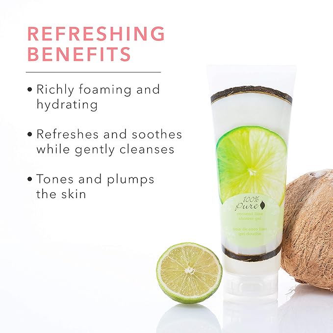 100% PURE Coconut Lime Shower Gel Natural Foaming & Hydrating Body Wash - Deeply Moisturizing Gentle Soap Cleanser for All Skin Types, Even Sensitive - Gluten-Free - 8 Fl Oz