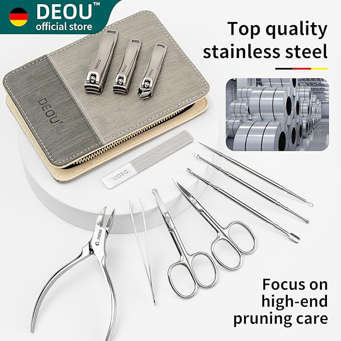 DEOU Manicure Sets Nail Clippers Stainless Steel Manicure and Pedicure kit Girls Professional Nail Files and Men's Grooming Scissors Tools for Home Personal Care or Gifts (Gray)