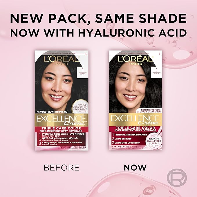 L'Oreal Paris Excellence Crème Permanent Hair Dye, Triple Care Hair Color with Pro-Keratine Complex for 100% Gray Hair Coverage, 1 Black, 1 Kit