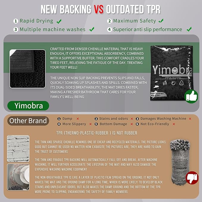 Yimobra Bathroom Rugs Non Slip Washable 32x20 Inch - Ultra Soft Absorbent Chenille Bath Mat, Quick Dry Shaggy Floor Carpet for Tub Shower, Black Home Decor Accessories