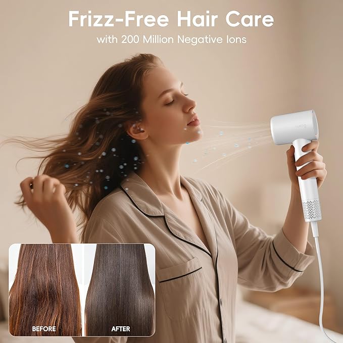 Hair Dryer, TurboLux Ionic 200 Million Negative Ions 1500W Fast Drying High Speed Hairdryer with Diffuser, Lightweight, Low Noise Hair Dryers for Women with 110000 RPM Brushless Motor (Pearl White)