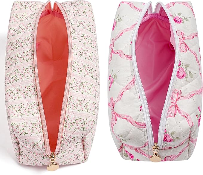 Makeup Bag Travel Cosmetic Bag for Women Girls, Zipper Make Up Pouch, Floral Flowers Toiletry Organizer Makeup, Portable Storage Bag, Cosmetic Travel Cloth Bag (Pink+Pink Bowknot)