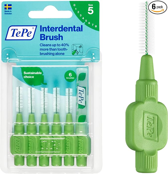 TePe Interdental Brush Original, Soft Dental Brush for Teeth Cleaning, Pack of 6, 0.8mm, Large Gaps, Green, Size 5