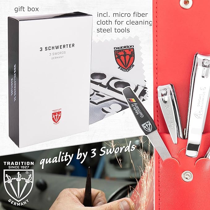 3 Swords Germany - Brand Quality 4 Piece Manicure Pedicure Grooming kit Set for Professional Finger & Toe Nail Care Tweezers File Clipper Fashion Leather case in Gift Box, Made by 3 Swords (02570)
