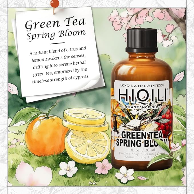 HIQILI Green Tea Spring Bloom Fragrance Oil for Diffuser, Inspired by Eliz.Ar-den Grn Tea, DIY Perfume, Candle, Soap Making, Long Lasting Uplifting & Crisp Scents - 1 Fl Oz
