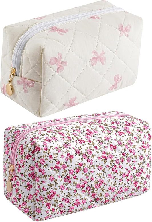Makeup Bag Travel Cosmetic Bag for Women Girls, Zipper Make Up Pouch, Floral Flowers Toiletry Organizer Makeup, Portable Storage Cosmetic Travel Cloth Bag (Pink Bow Tie+Flower-Red)