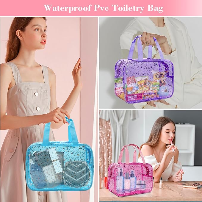 Clear Blue Star Large Makeup Bag with Star Pattern 12x5x8 inch, Travel Cosmetic Bag with Handle, Durable PVC Material Washbag Zipper Opening Design for Makeup Travel Organizer or Gym Use